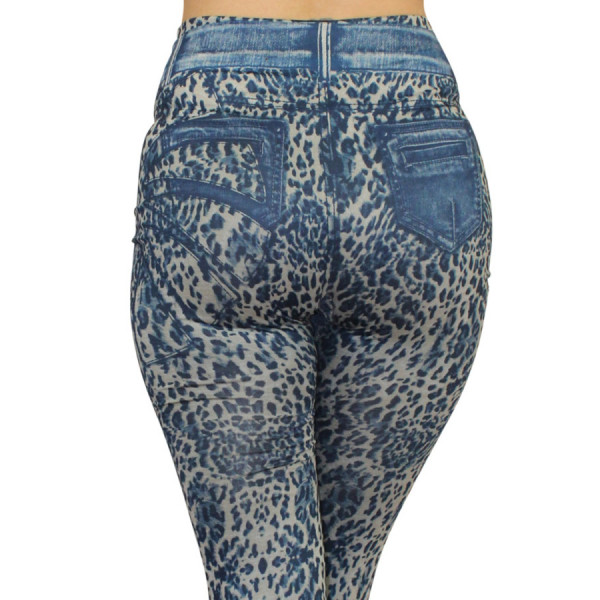 Legging bleu effet jean délavé imprimé léopard 